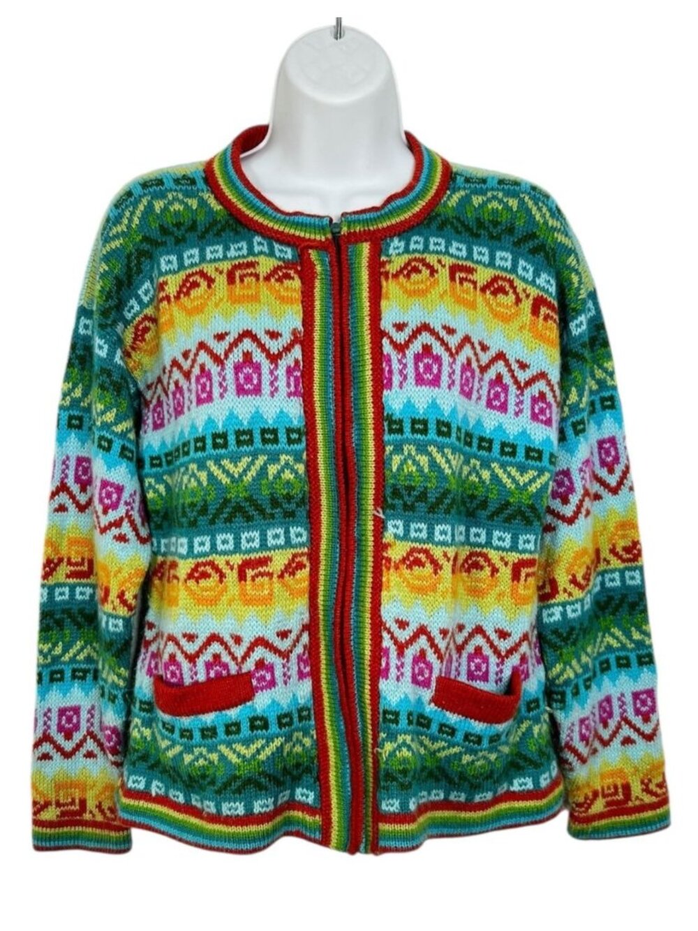 Colorful Geometric Knit Zip Up Cardigan Sweater Multicolor Rainbow Boho Small XS